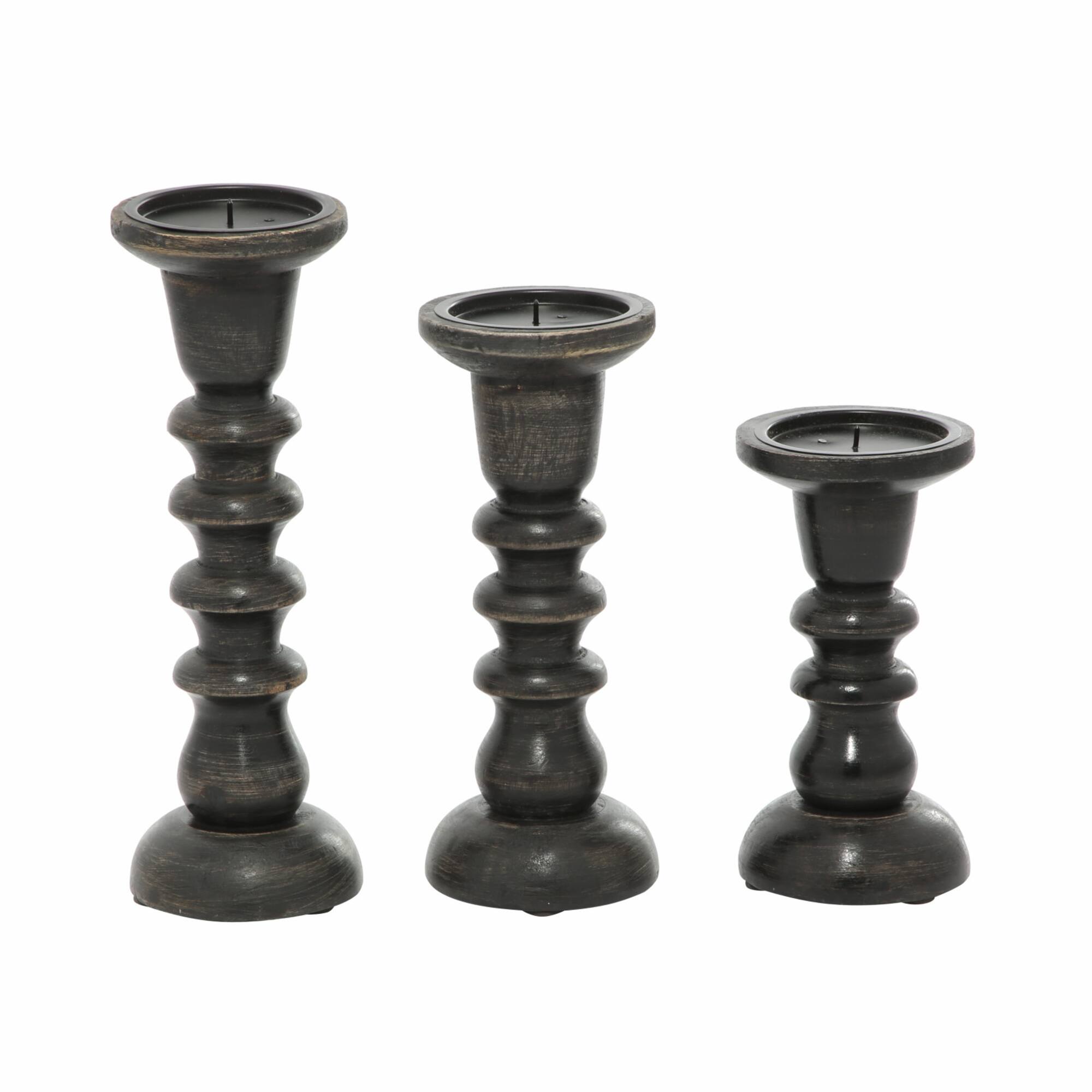 Dark Brown Mango Wood Traditional Ridged Candle Holder Set